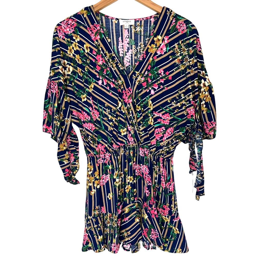 Umgee Blue Pink Floral Stripe Crossover V-Neck Ruffle Romper Size S